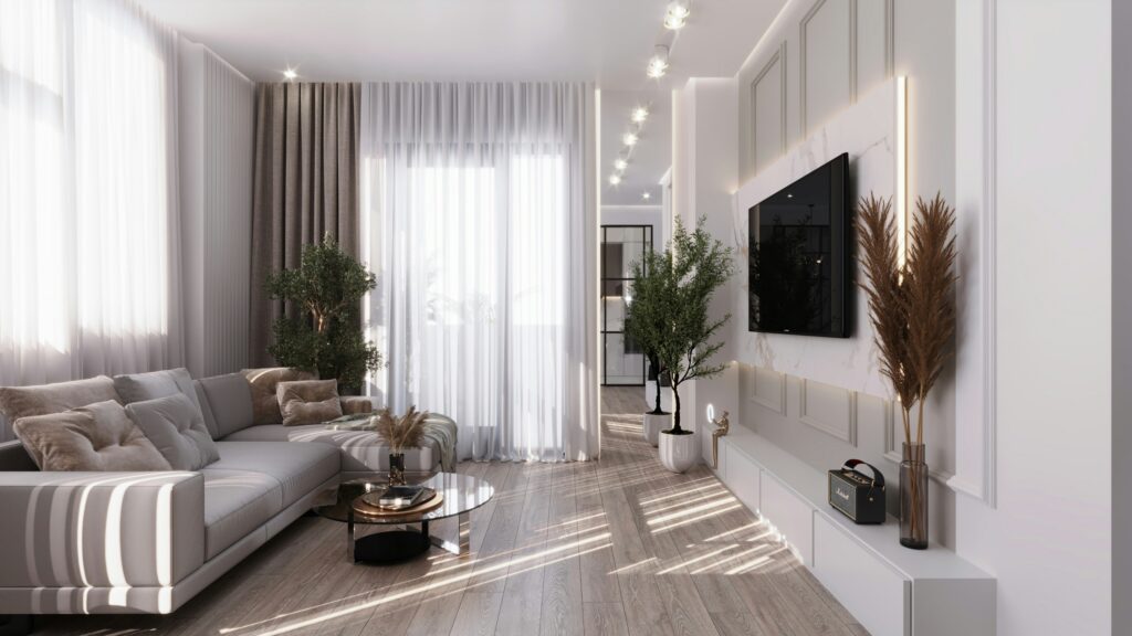 Professionally staged, bright and airy luxury living room with modern furniture, showcasing the quality of full-service ho...