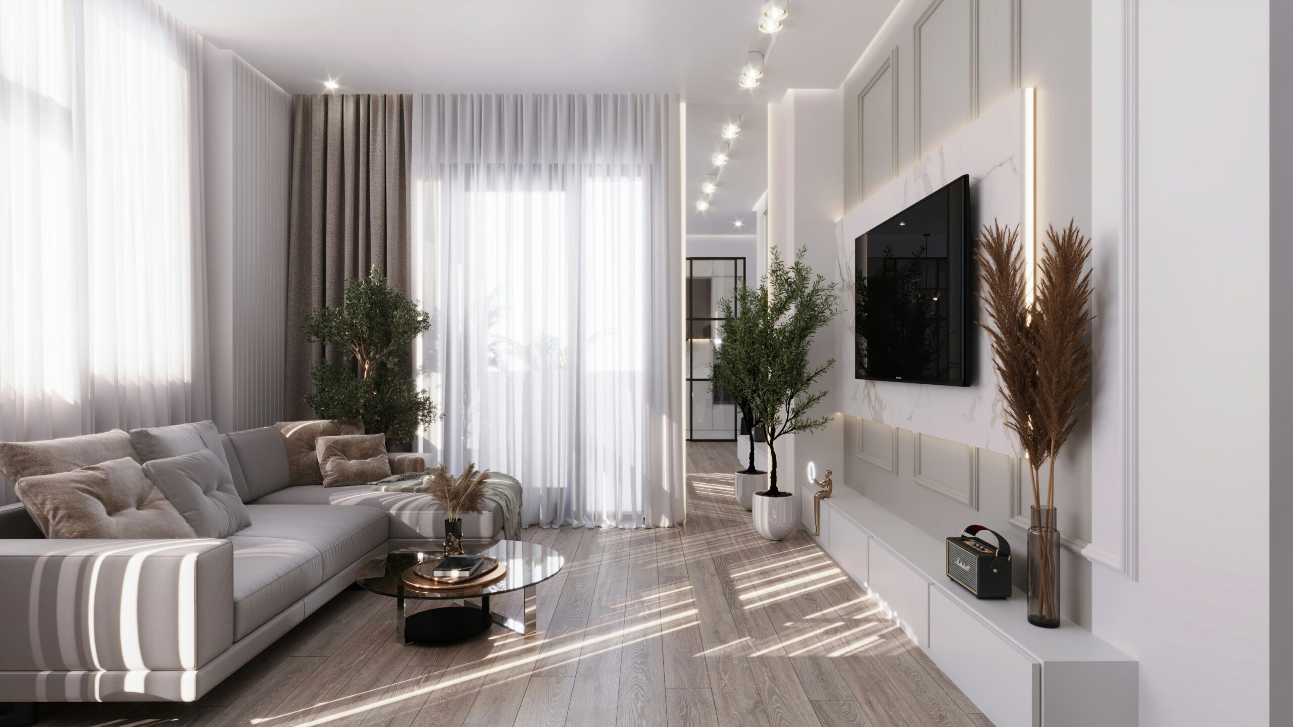 Professionally staged, bright and airy luxury living room with modern furniture, showcasing the quality of full-service ho...